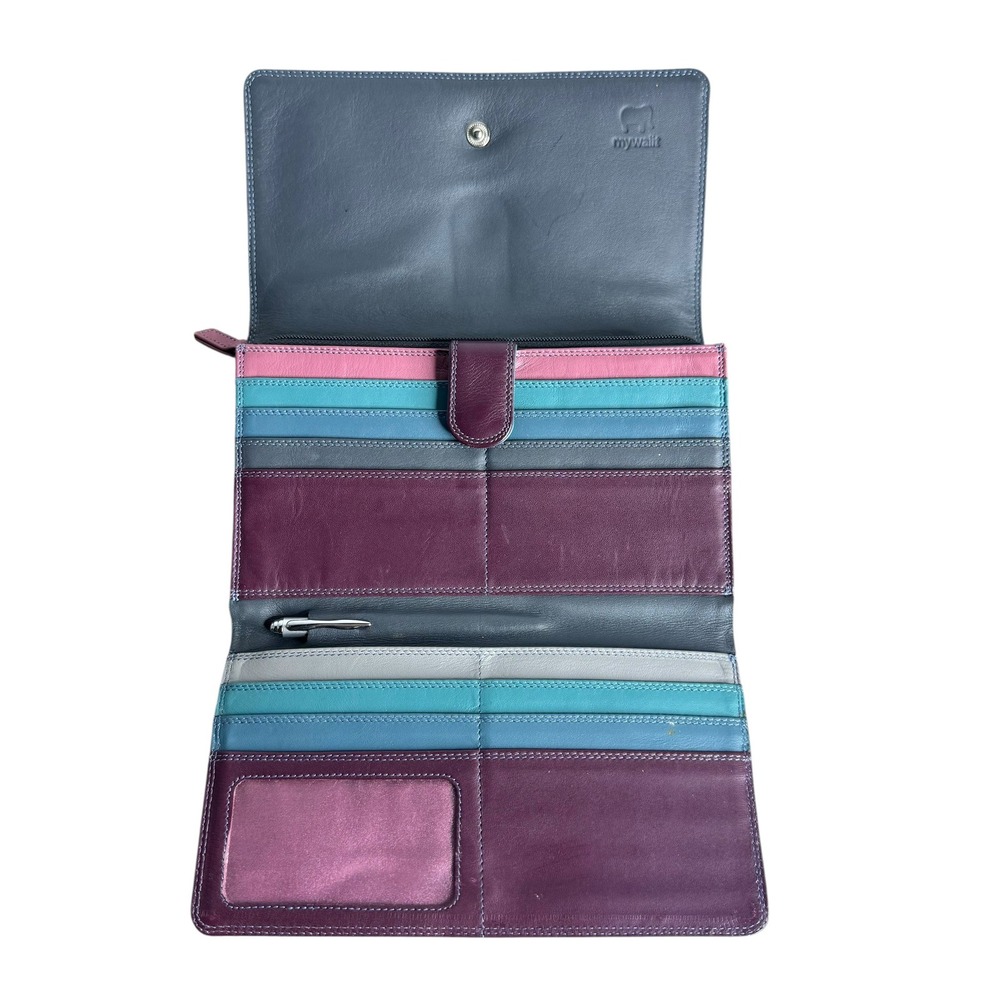 Mywalit Large Leather Tri-fold Wallet Clutch Sangria Multi Purple Blue Snap